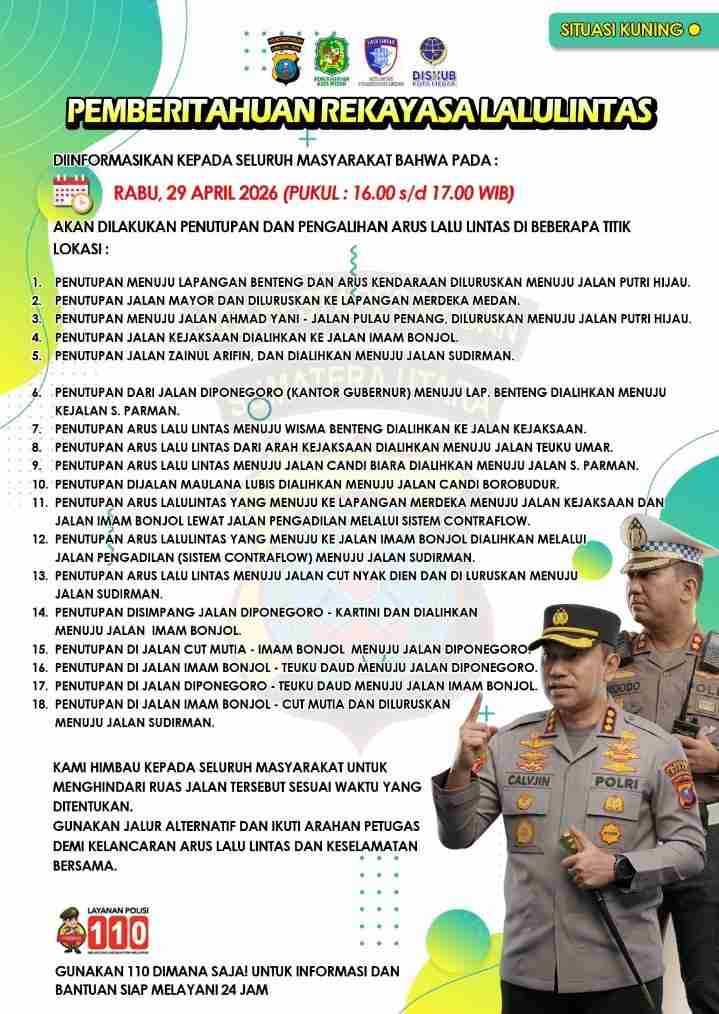 Ini 18 Titik Pengalihan Jalan atau Rekayasa Lalu Lintas di Medan, Hindari Sore Hari